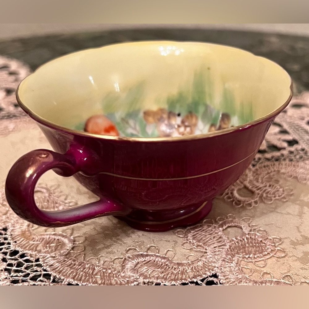 Vintage Scalloped Edge Fruit Design Inside Teacup. Deep Red With Gold Accent.